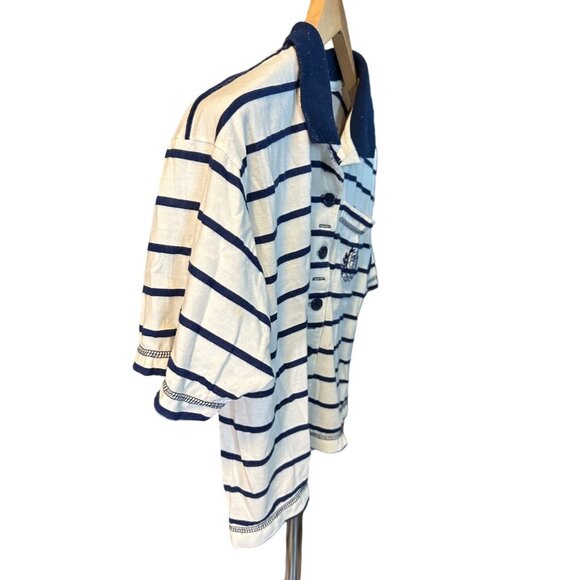 Vintage DEB Navy White Striped Crop Polo Embroidered Crest Short Sleeve Top Sz L - Picture 3 of 9